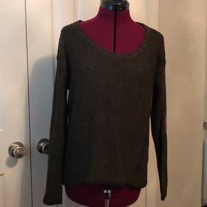 Olive green sweater with tan elbow patches